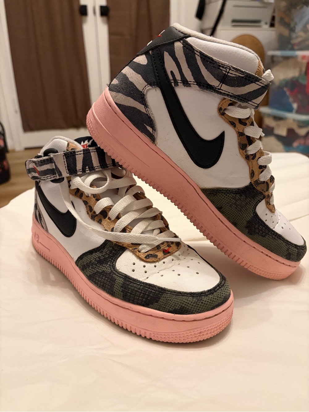 Nike High-Top Sneakers in White, Black & Pink with Animal Print Accents